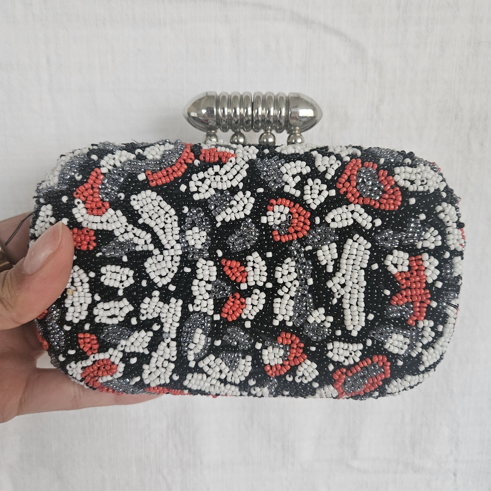 Elegant Beaded Clutch - Black, White, and Red